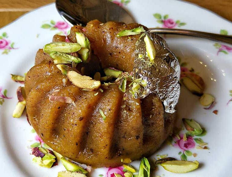 Moong dal halva - a dessert made from mung beans and pistachios.