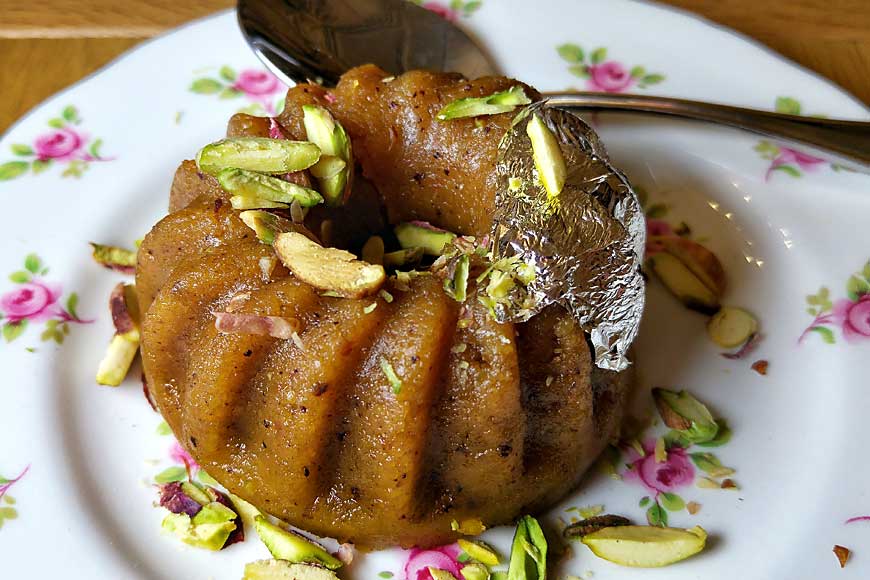 Moong dal halva - a dessert made from mung beans and pistachios.