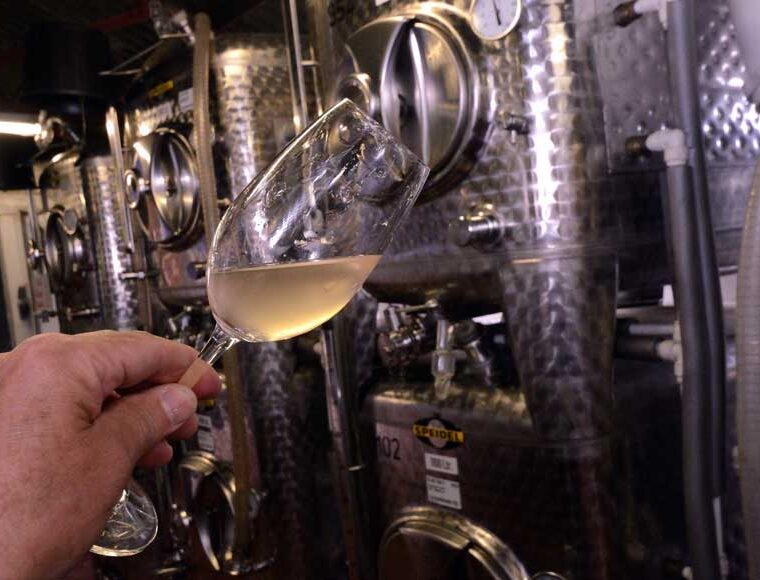 Sampling the wine from the fermentation tank at Bluebell Vineyard Sussex