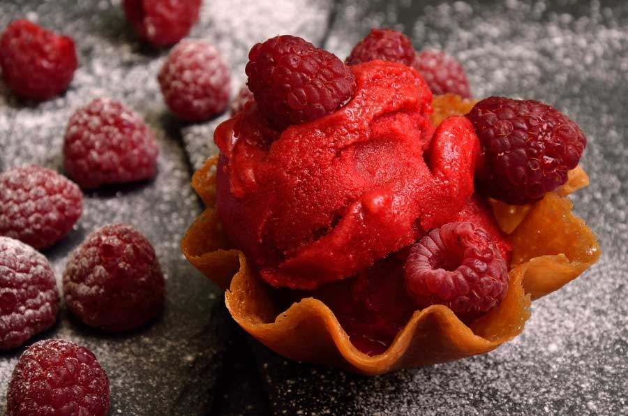 Raspberry sorbet from an Agnes B Marshall recipe