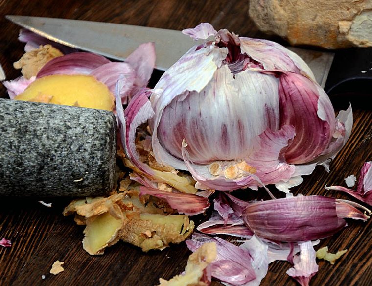 Head of garlic and fresh ginger