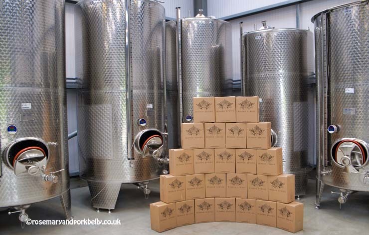 Boxes of Hidden Spring's 2017 Bacchus in the winery