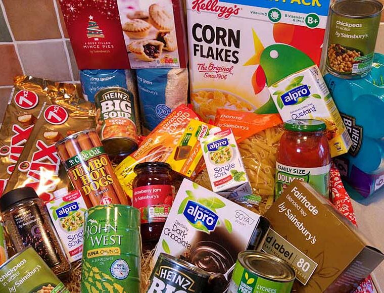 Selection of dried, tinned, and packet food for food donation