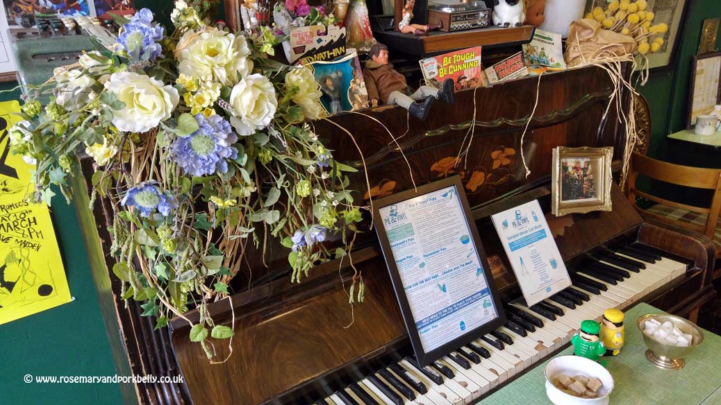 Piano, menu and memorabilia - Pie and Vinyl cafe Portsmouth