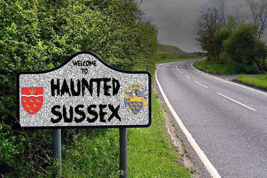 Road sign 'Welcome to haunted Sussex'
