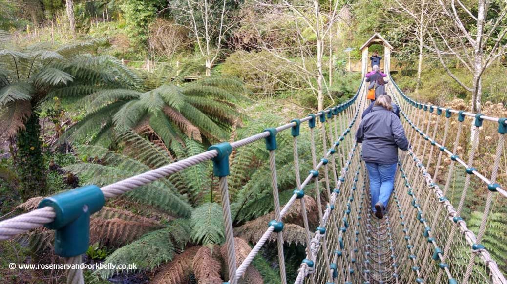 Crossing the rope bridge - Lost Gardens of Heligan Cornwall