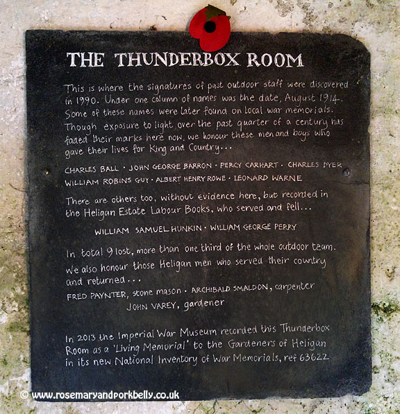 Memorial plaque - Thunderbox Room, Lost Gardens of Heligan, Cornwall