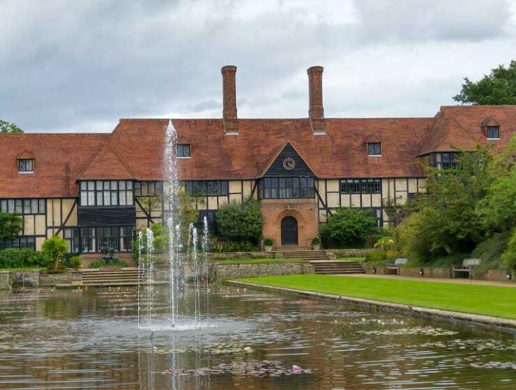 R H S Wisley house, fountain and Jellicoe Canal Surrey UK