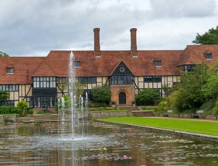 R H S Wisley house, fountain and Jellicoe Canal Surrey UK