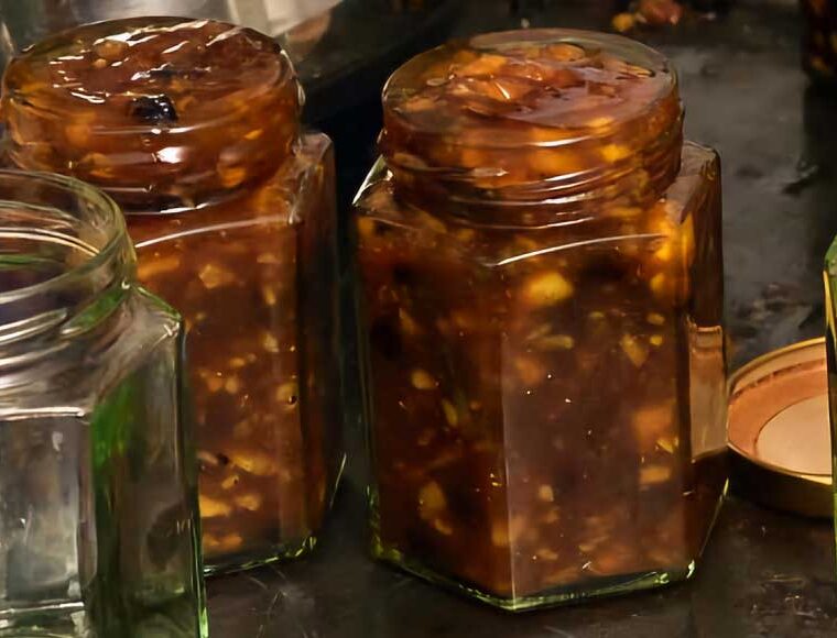 Jars of homemade traditional mincemeat from an Eliza Acton recipe