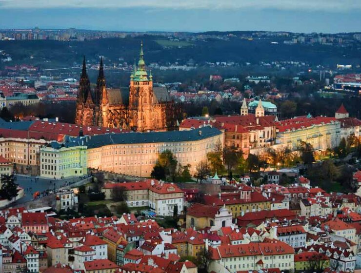 Looking across the Prague skyline at night