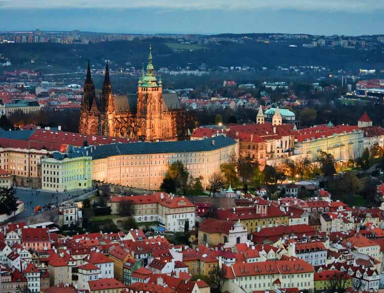 Looking across the Prague skyline at night