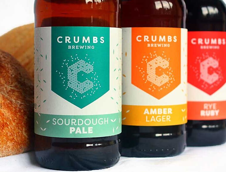3 bottles of beer from Crumbs Brewing, Sourdough Pale, Amber Lager, Rye Ruby