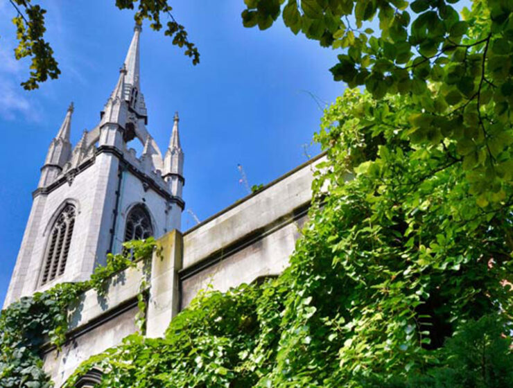 The spire of the now derelict church of St Dunstans in the East