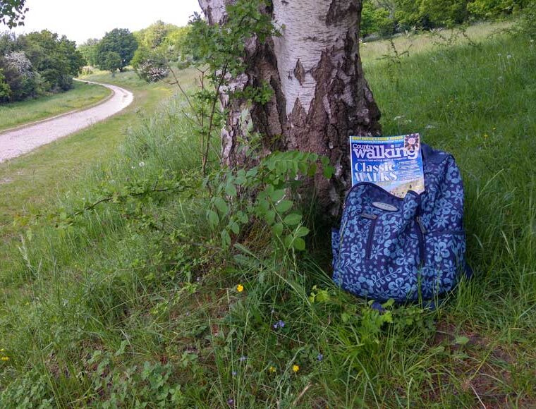Country Walking Magazine in a backpack on the Farthing Downs and New Hill footpath route