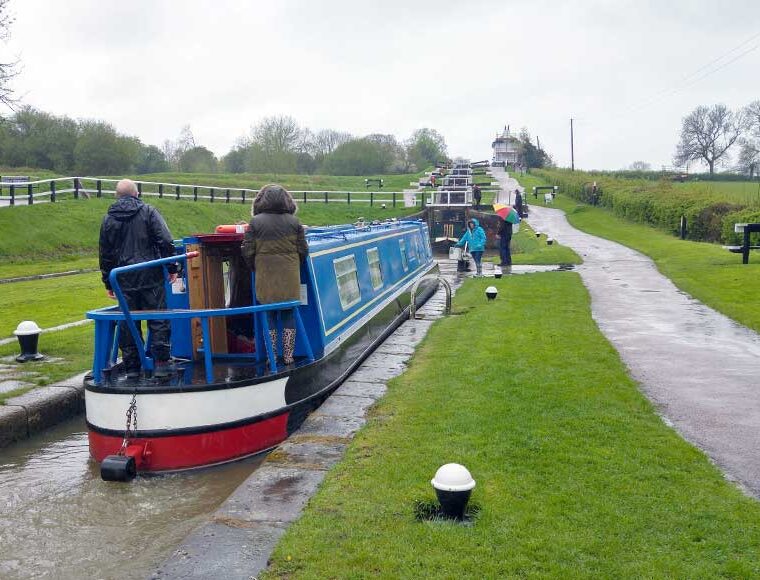 Blue narrow boat at Foxton Locks Grand Union Canal Leicestershire