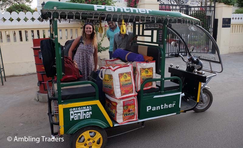 Shopping trip in Jaipur, the bags loaded with Hand-Loom Rugs and Kantha Blankets
