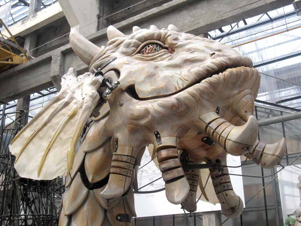 The head of a mechanical creature at Les Machines de L'ile in Nantes, France