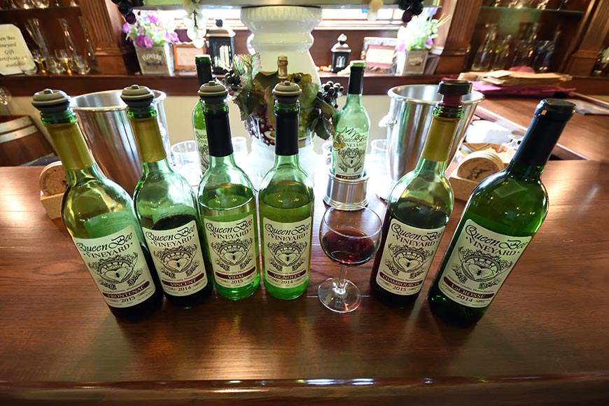 Wine bottles on the counter in the tasting room at Queen Bee Vineyard