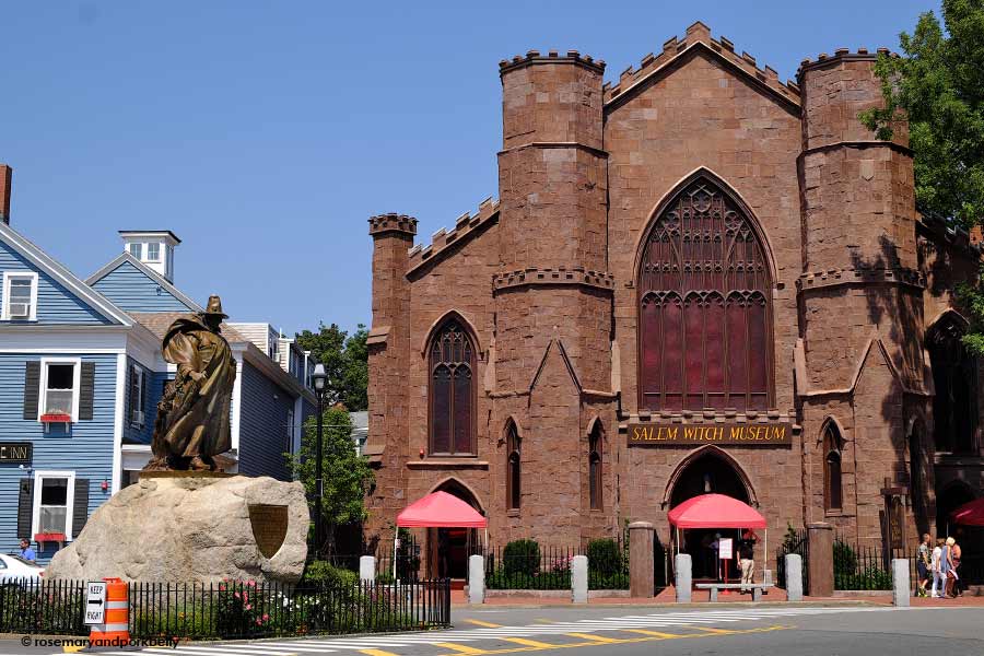 Salem Witch Museum and statue of Roger Conant, Salem, Massachusetts, USA