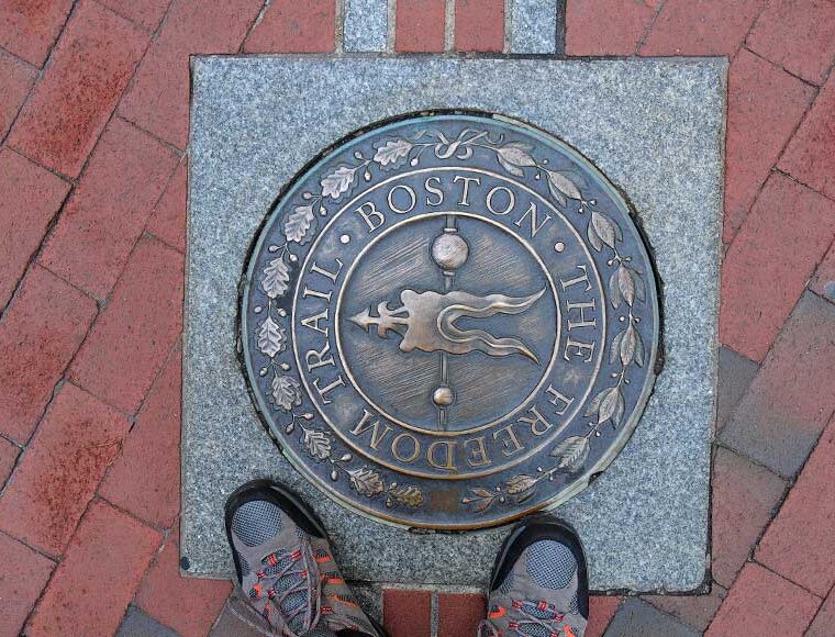 Metal pavement marker for the Boston Freedom Trail Boston USA