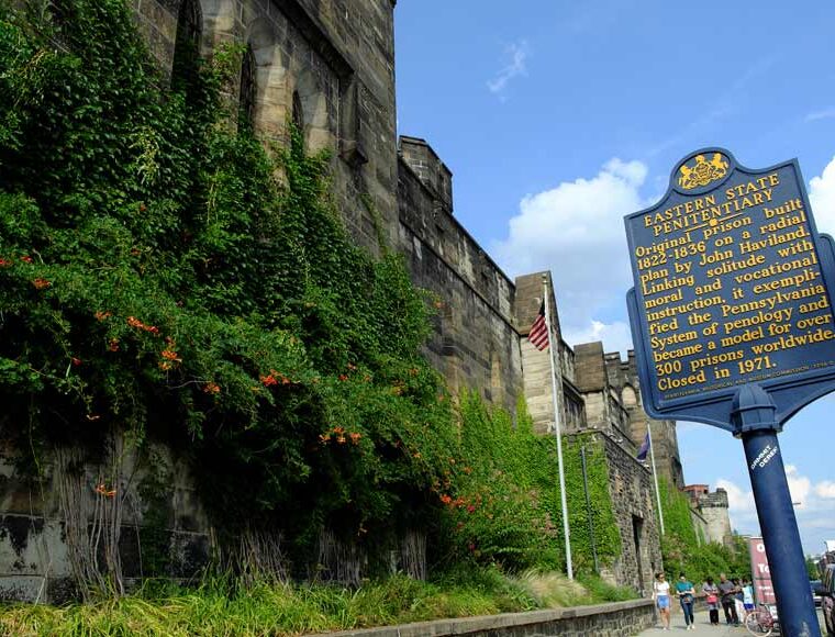 Exterior of Eastern State Penitentiary, Philadelphia, Pennsylvania and information sign