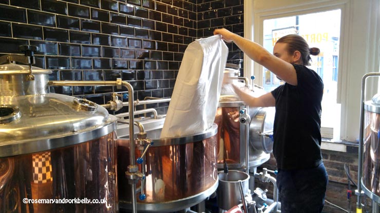Filling the mash tun with malt, Brewhouse and Kitchen Portsmouth © rosemaryandporkbelly.co.uk