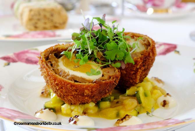 Scotch egg served on a bed of piccalilli, Leonardslee House © rosemaryandporkbelly.co.uk