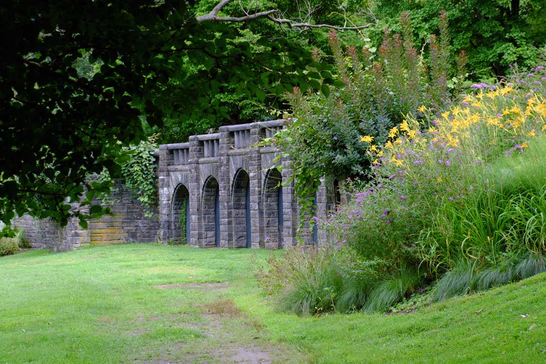 Seven Arches, a classical structure in traditional English landscape at Morris Arboretum and Gardens, Philadelphia USA