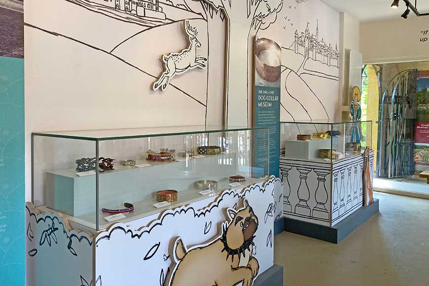 Dog collars in showcases at the Dog Collar Museum, Leeds Castle
