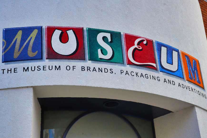 Exterior entry sign at Museum of Brands, London