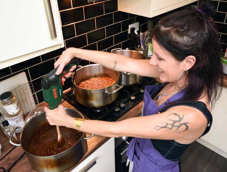 Stirring the vegan fudge, Lucky Cat Fudge, Brighton