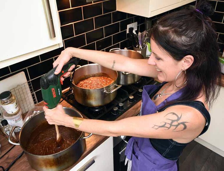 Stirring the vegan fudge, Lucky Cat Fudge, Brighton