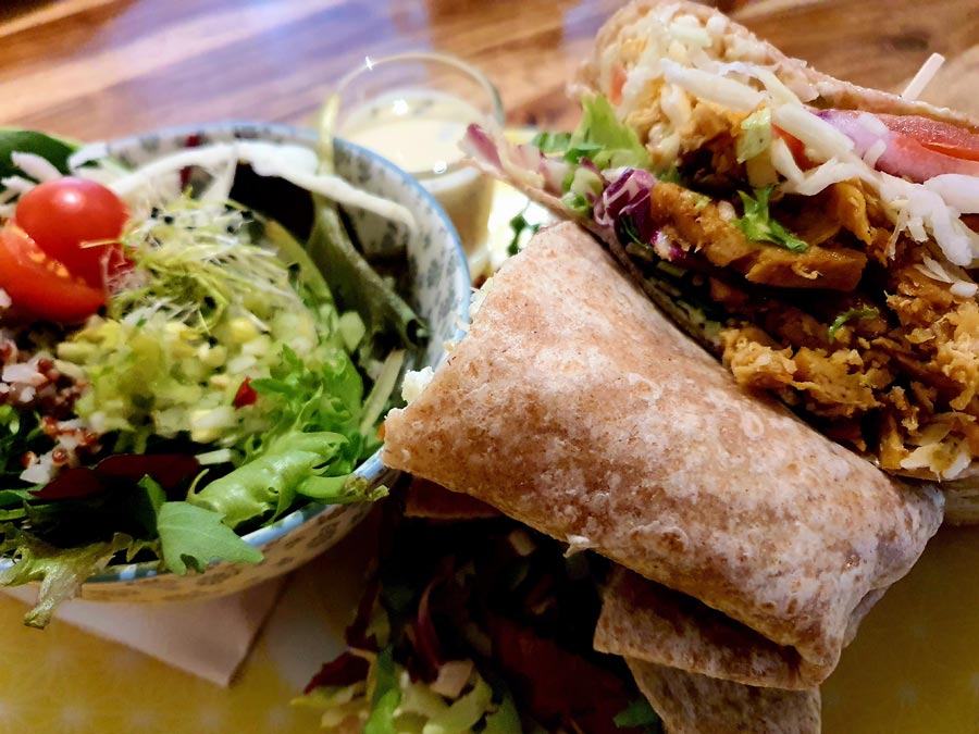 Vegan kebab wrap with salad from Greenway, a plant-based restaurant near the Cathedral of Our Lady, Antwerp, Belgium