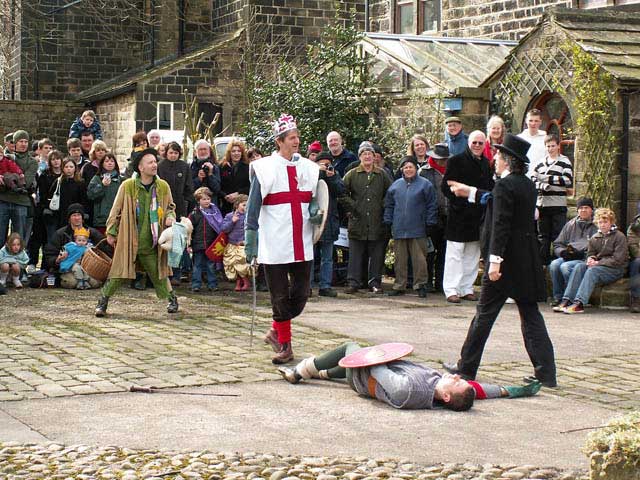 Heptonstall Pace Egg Play, The Pace Egg Play is acted out every Good Friday in Weavers Square, Heptonstall The Pace Egg Play is possibly the world's oldest drama and can be traced back through English and European Mummers' plays to Ancient Egypt and Syria