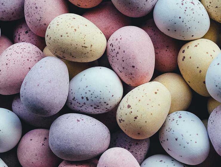 Small chocolate candy pastel coloured eggs