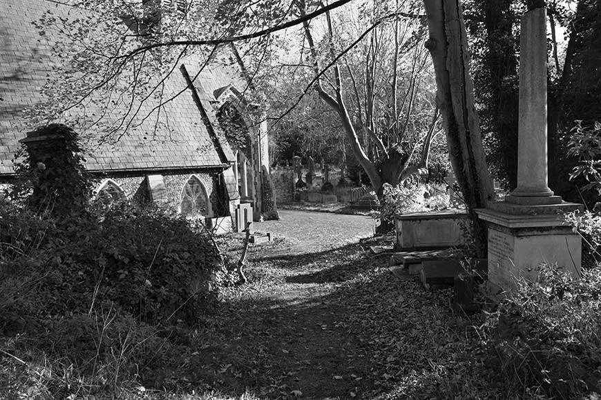 Brighton Extra Mural Cemetery Chapel, graves and footpath