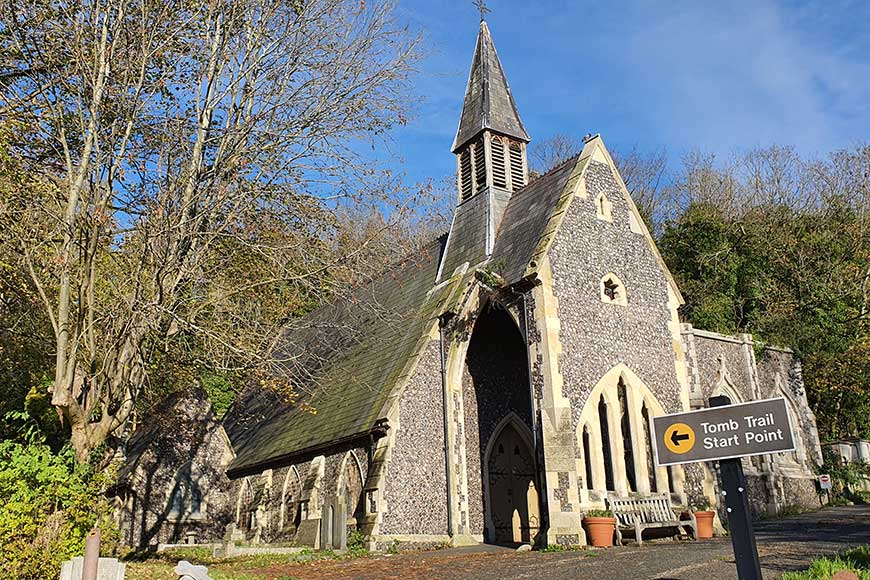 Tomb Trail sign and chapel at the Extra Mural Cemetery Brighton