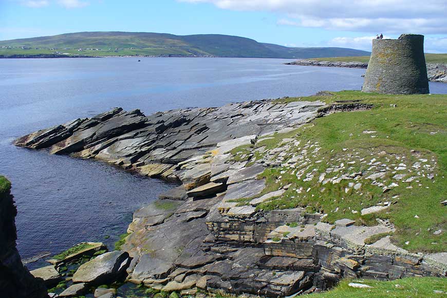 The Broch of Mousa located on the island of Mousa in Shetland, Scotland. It is a remarkably well-preserved Iron Age round tower (broch)