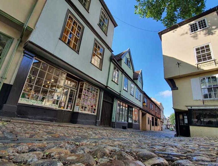Cobbled streets of Elm Hill in Norwich Norfolk UK