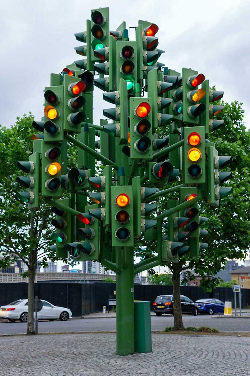 The giant green traffic light structure with 75 ever-changing red, green and amber lights.