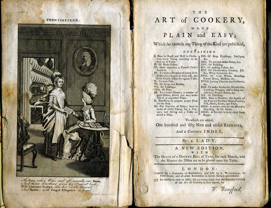 Title page and frontispiece to Mrs Hannah Glasse's Cookery Book 1777