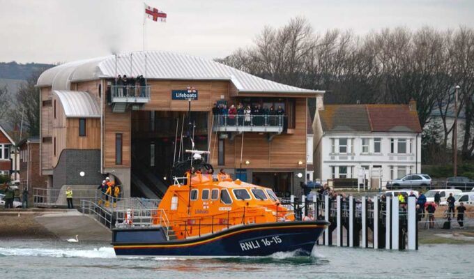 Shoreham Lifeboat on the River Adur by the lifeboat station Shoreham by Sea, West Sussex