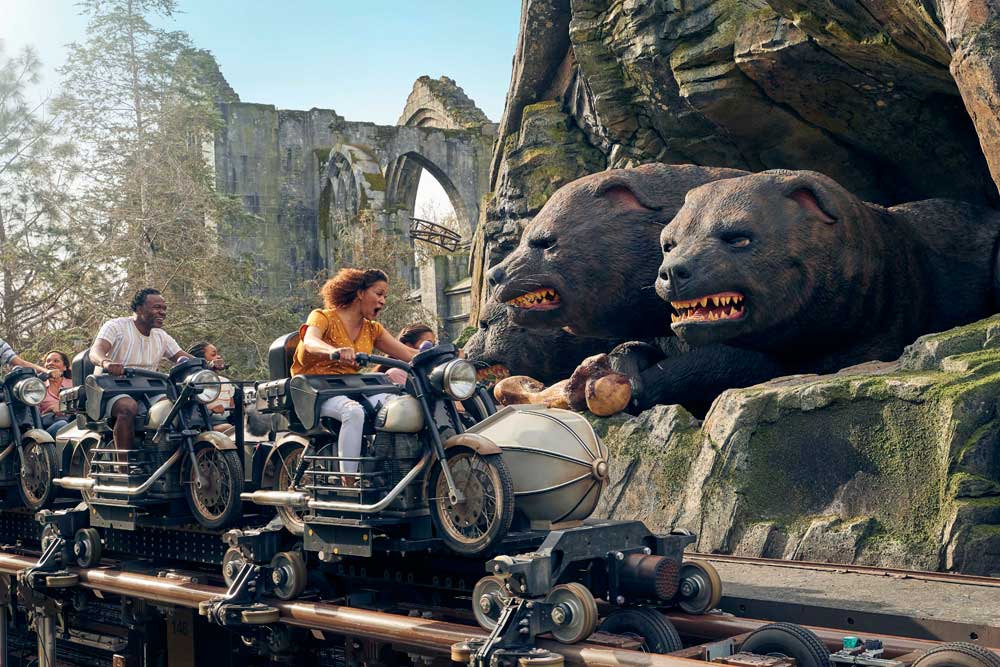 People riding Hagrid’s Magical Creature Motorbike Adventure at Universal Orlando Resort