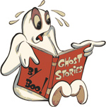 Cartoon ghost reading a scary book