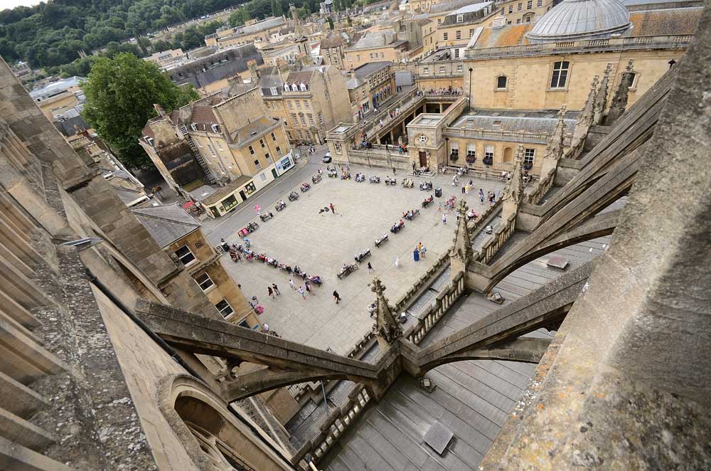 Kingston Parade and The Roman Baths from rooftop of Bath Abbey