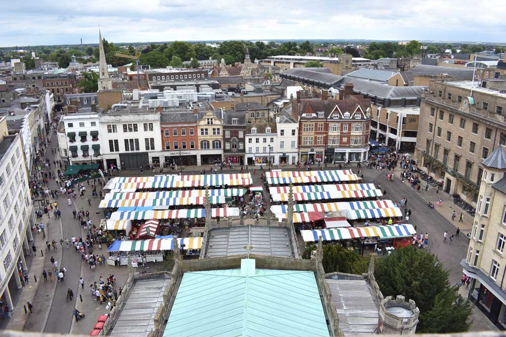 Cambridge Market Place, viewed from the top of Great St Mary's, Cambridge, UK