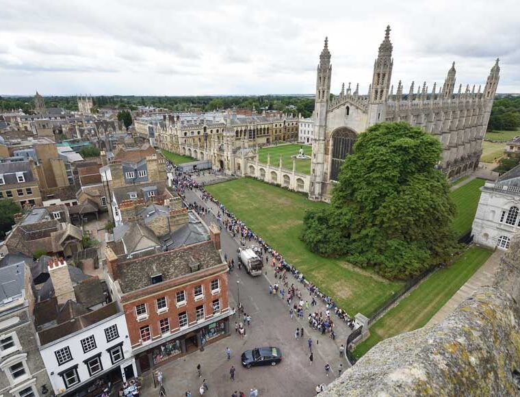 Looking down on King's College Chapel and King's Parade from Great St Mary's, Cambridge UK