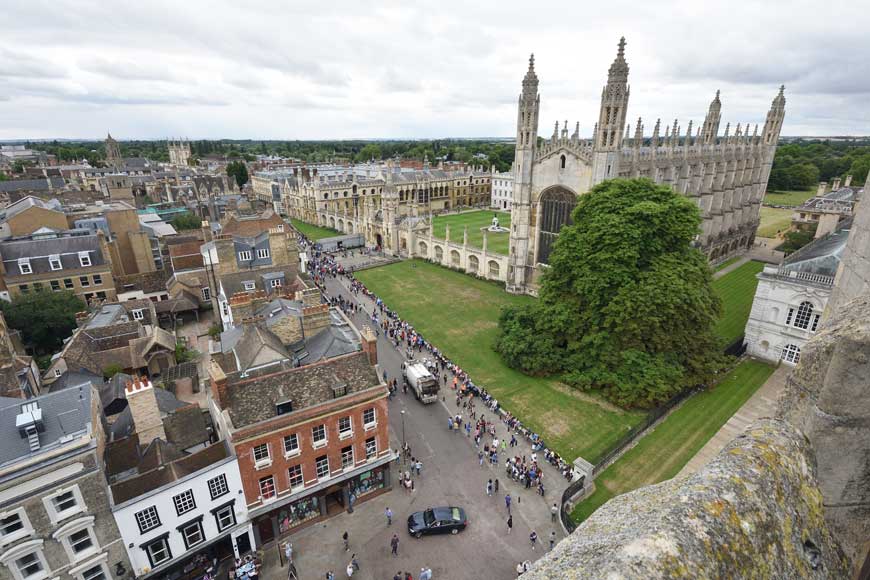 Looking down on King's College Chapel and King's Parade from Great St Mary's, Cambridge UK