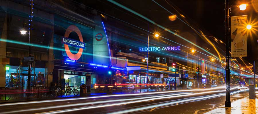 exterior photo of Underground entrance at night Brixton London